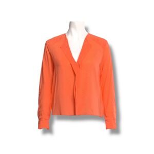 Alice + Olivia Orange Women's XS Silk Blend V Neck Long Sleeve Blouse‎ Top
